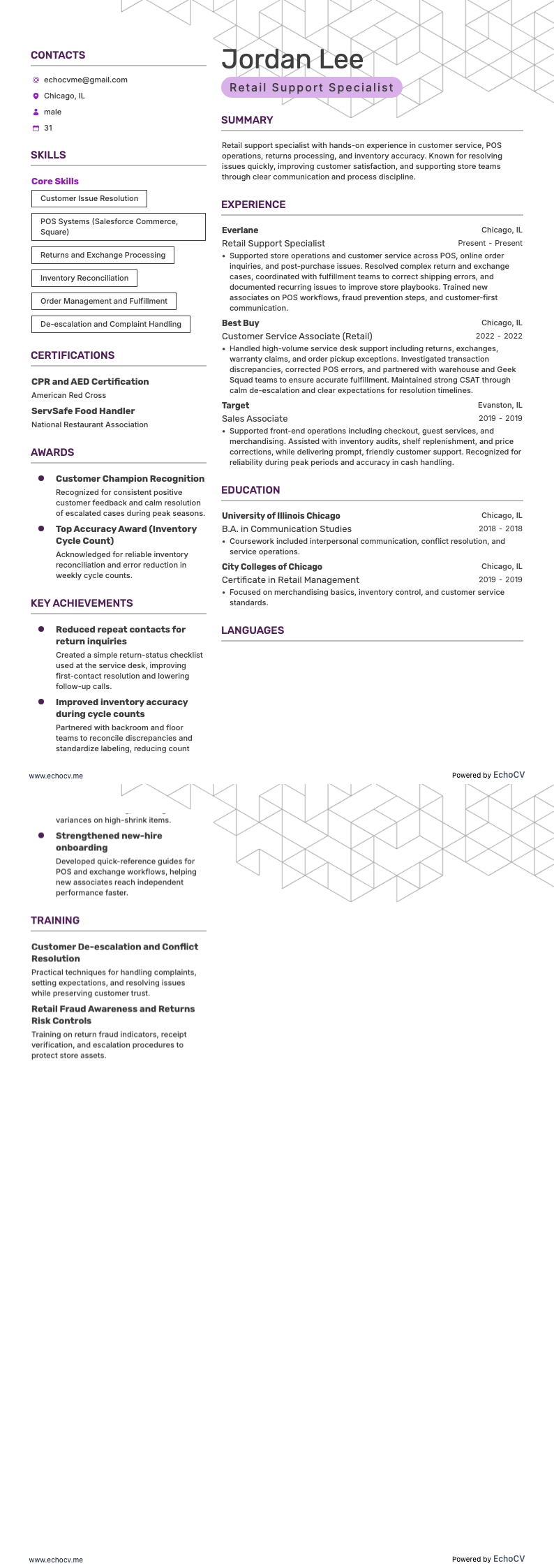 Retail Support Specialist example resume