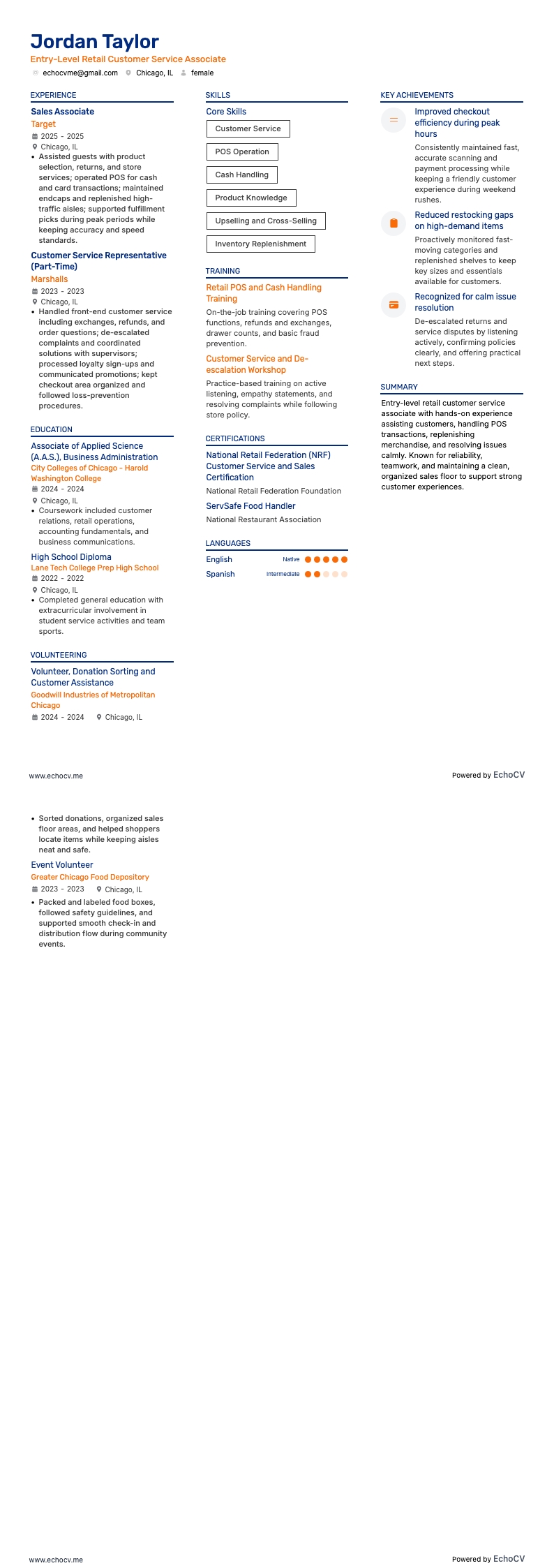 Entry-Level Retail Customer Service Associate example resume