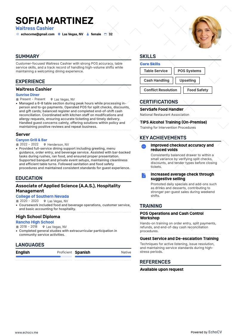 Waitress Cashier example resume