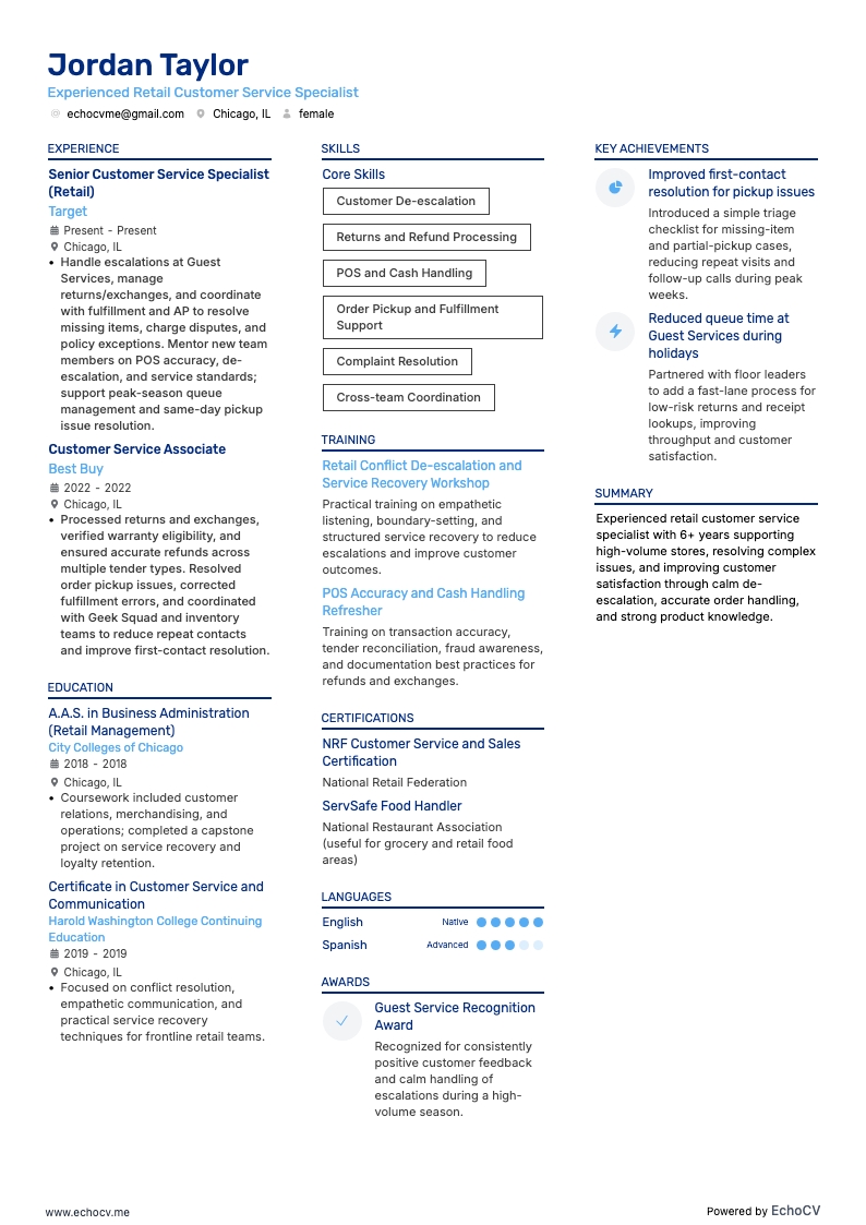 Experienced Retail Customer Service Specialist example resume