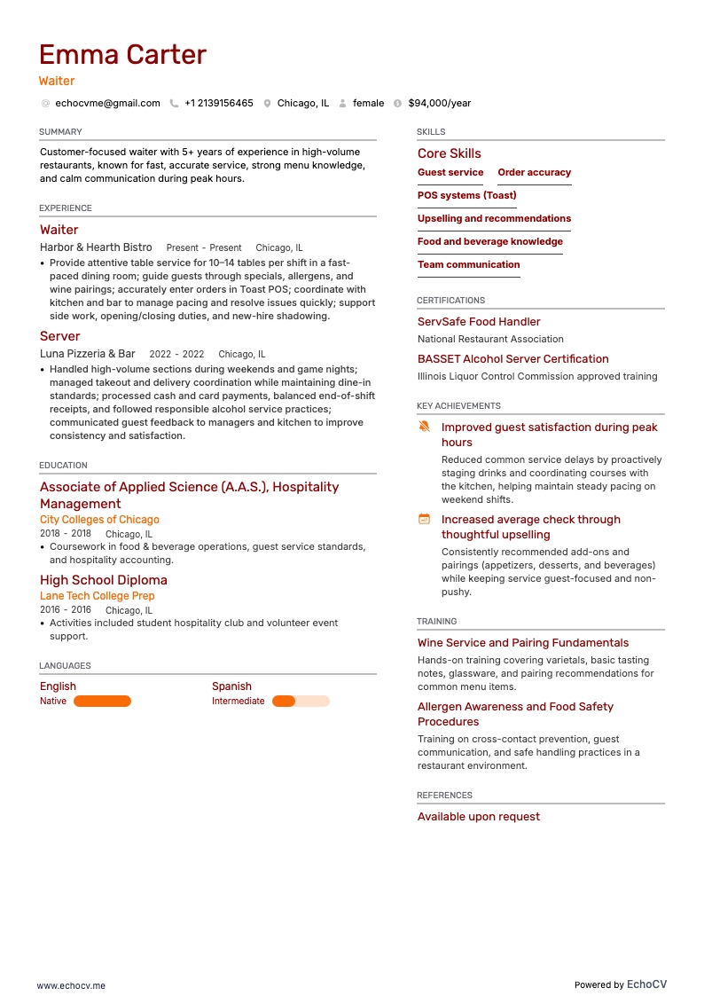 Waiter example resume