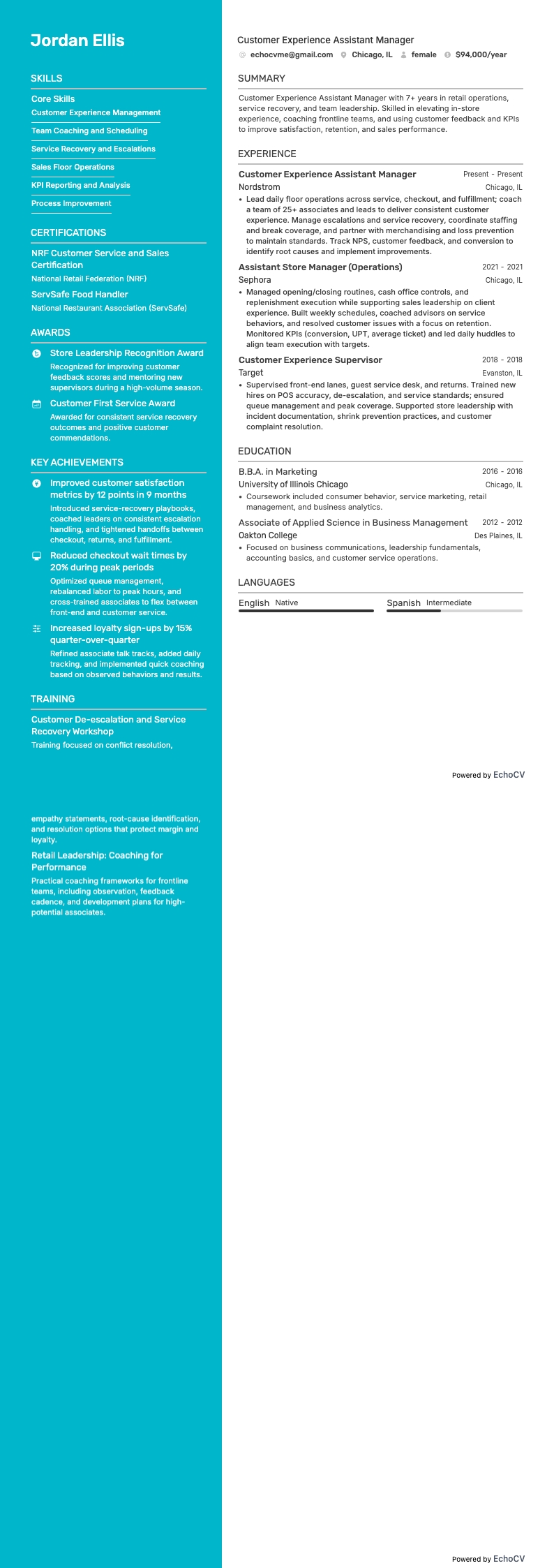 Customer Experience Assistant Manager example resume