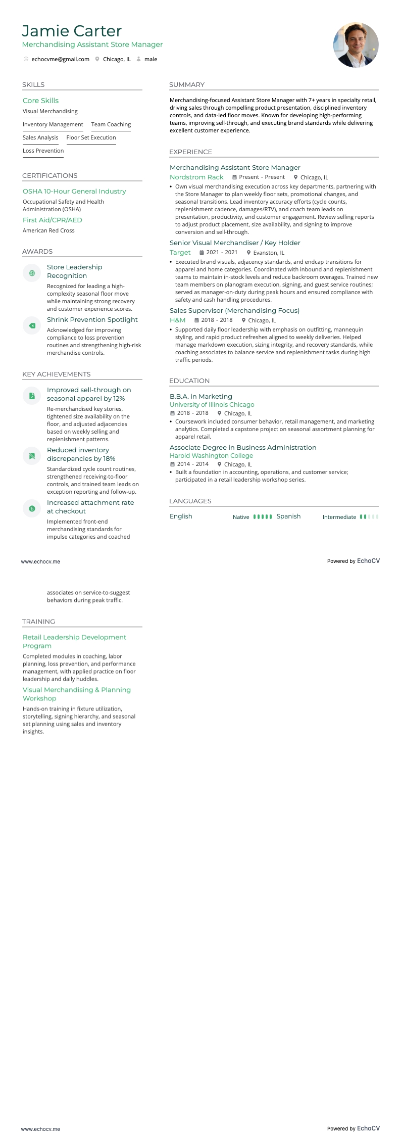 Merchandising Assistant Store Manager example resume