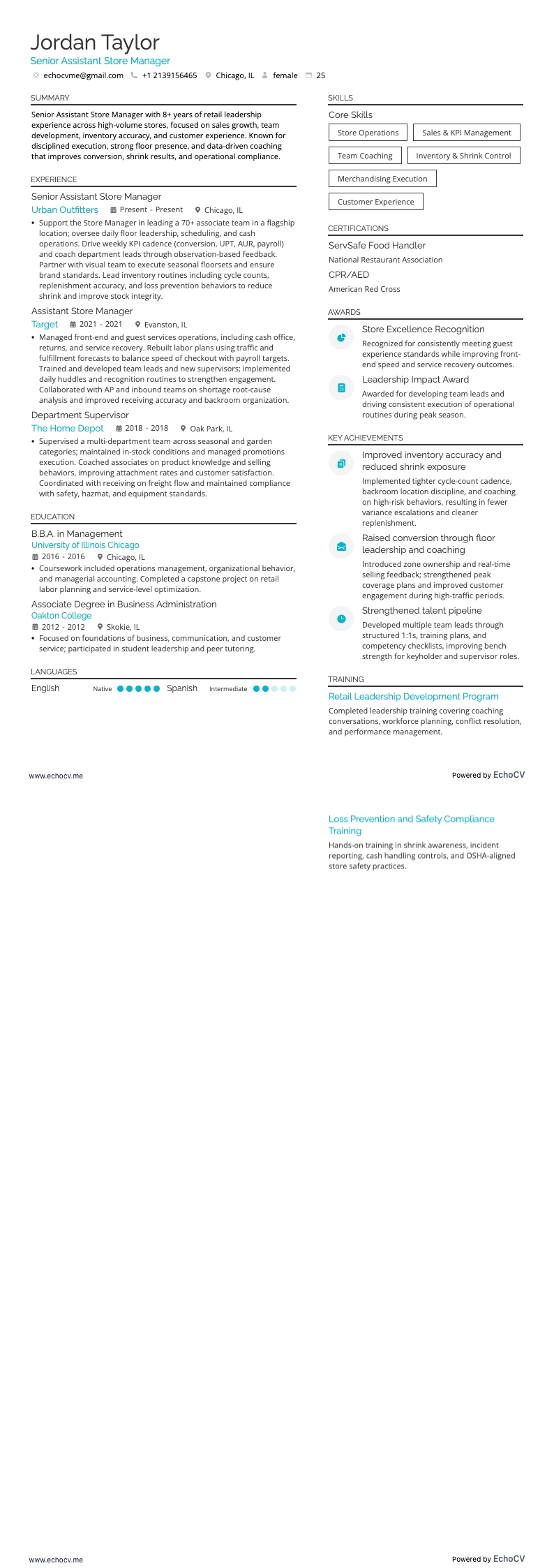 Senior Assistant Store Manager example resume