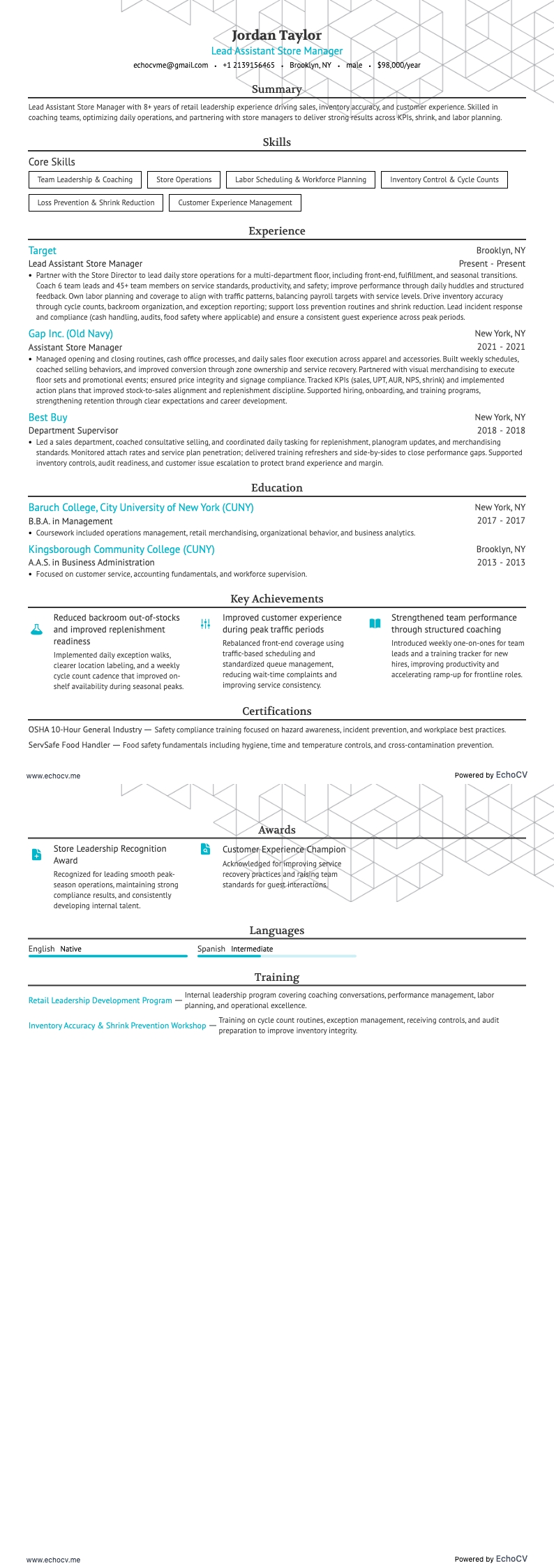 Lead Assistant Store Manager example resume