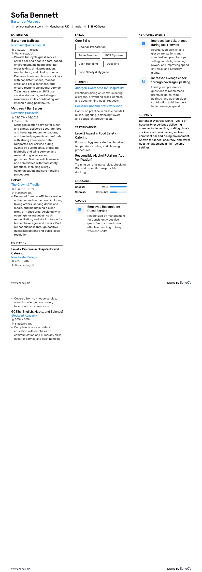 Bartender Waitress example resume