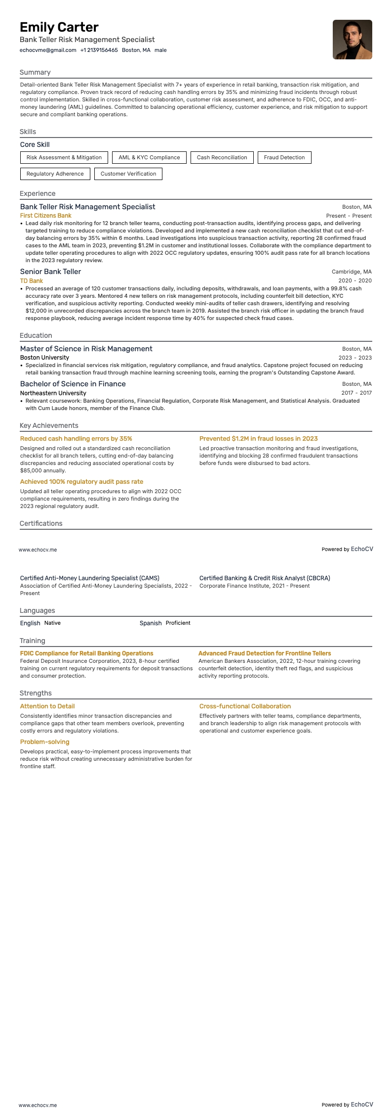 Bank Teller Risk Management Specialist example resume
