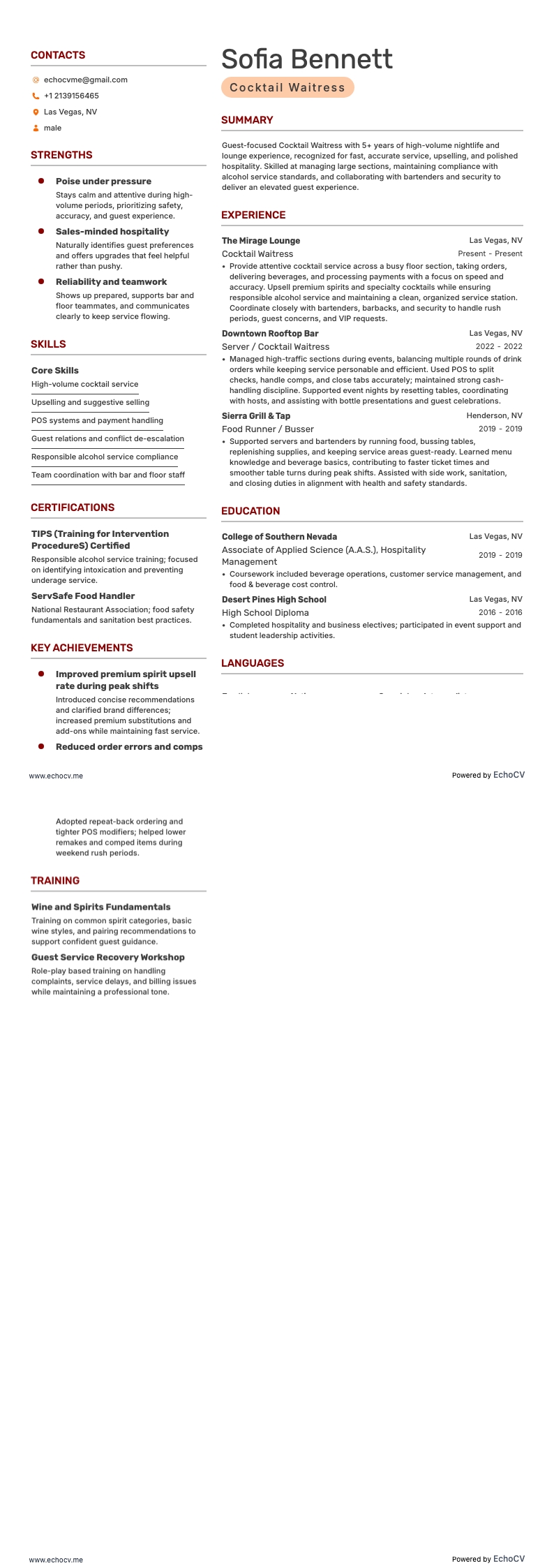 Cocktail Waitress example resume