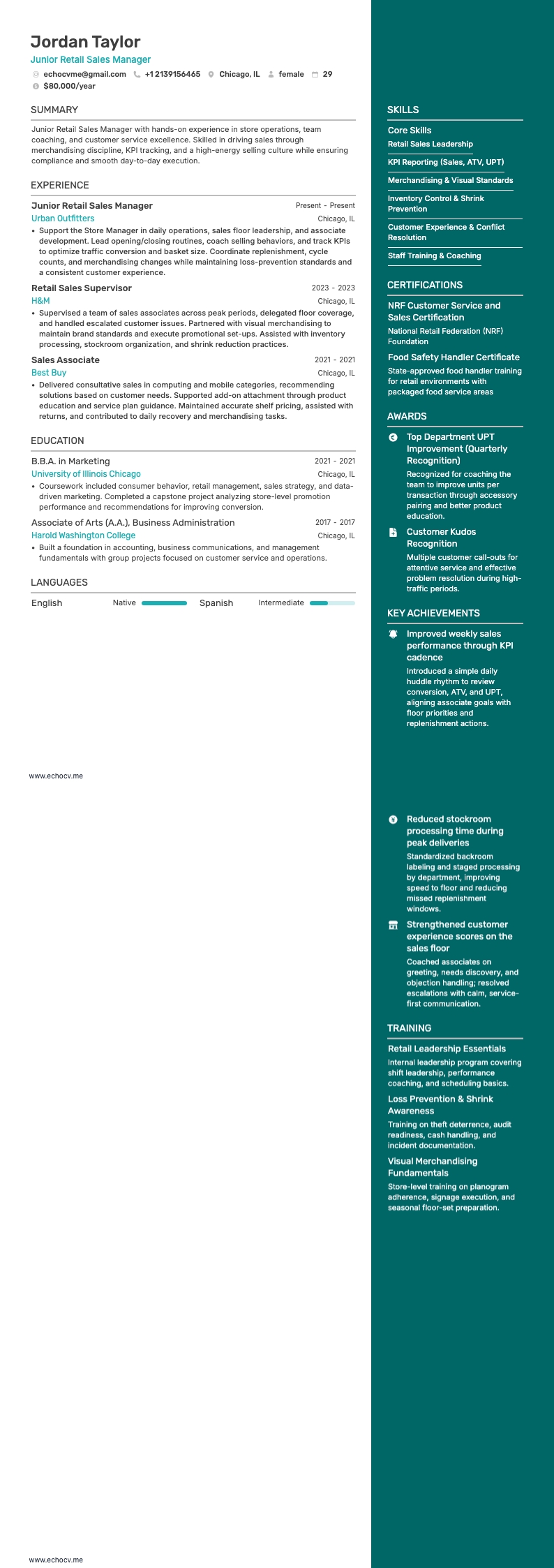 Junior Retail Sales Manager example resume