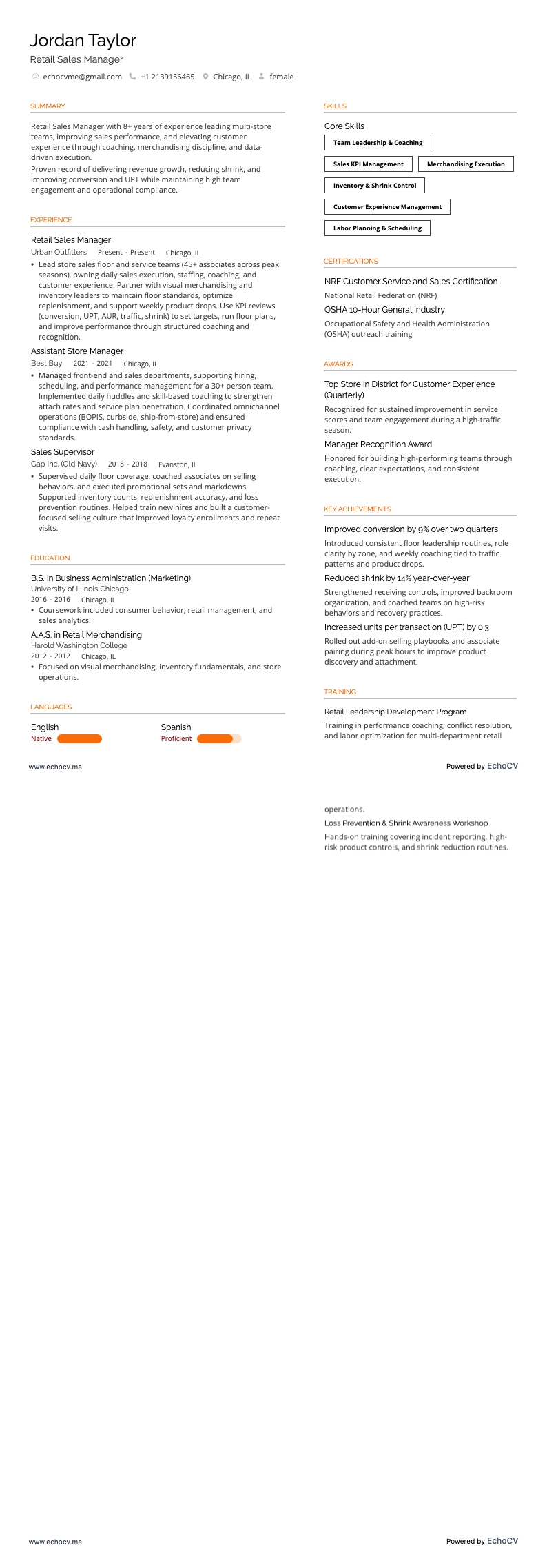Retail Sales Manager example resume
