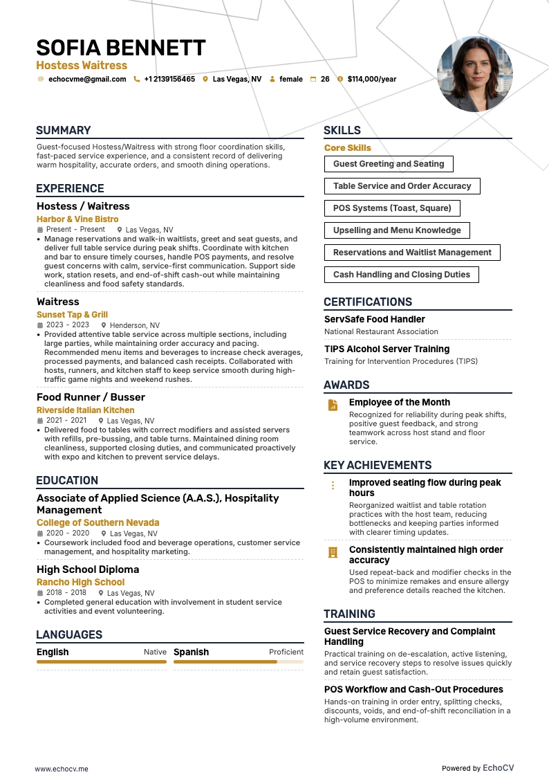 Hostess Waitress example resume