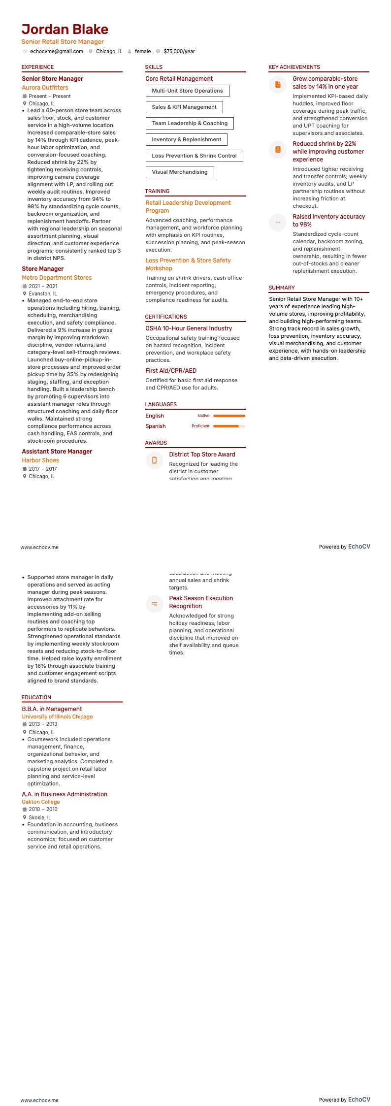 Senior Retail Store Manager example resume