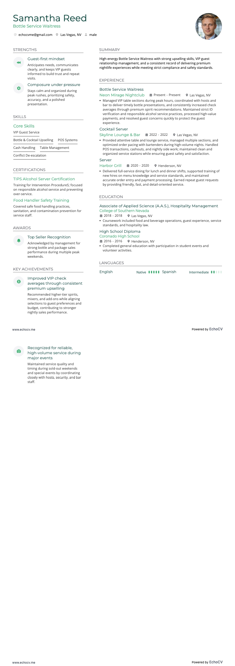 Bottle Service Waitress example resume