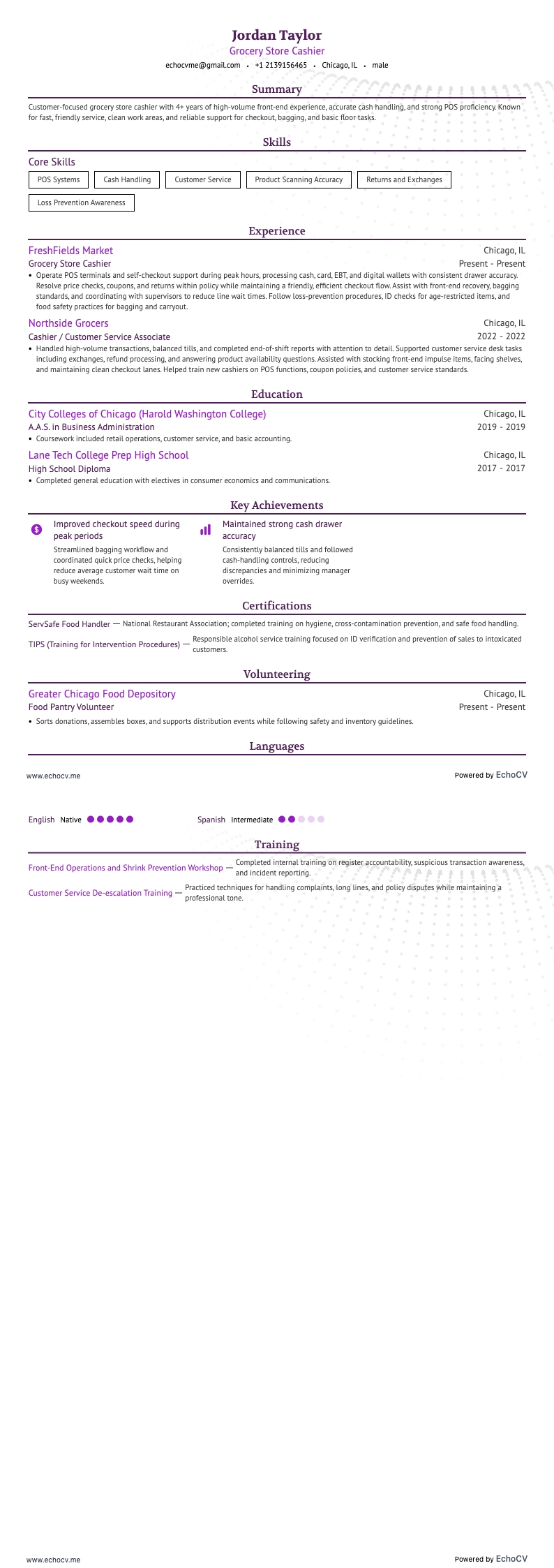 Grocery Store Cashier example resume
