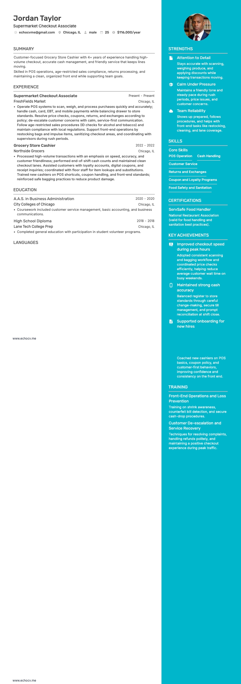 Supermarket Checkout Associate example resume