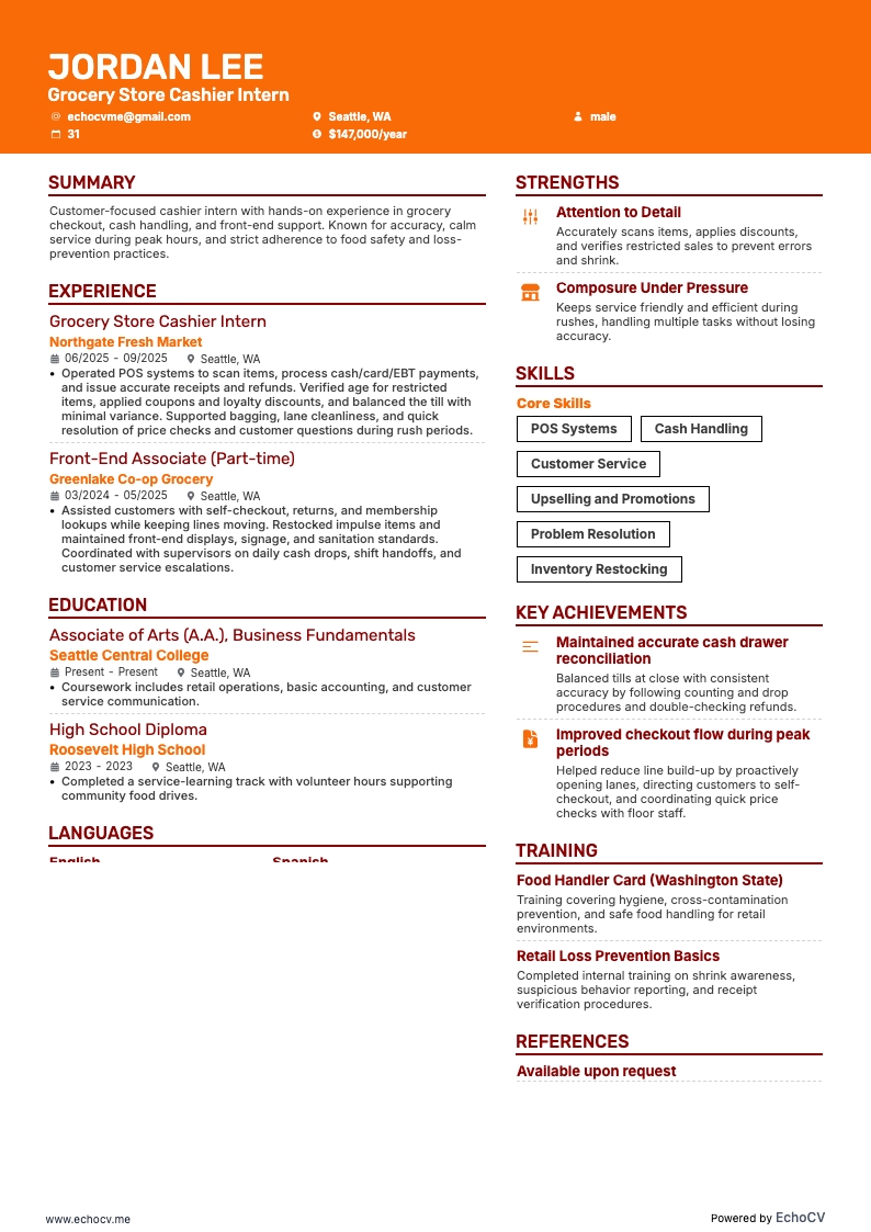Grocery Store Cashier Intern example resume