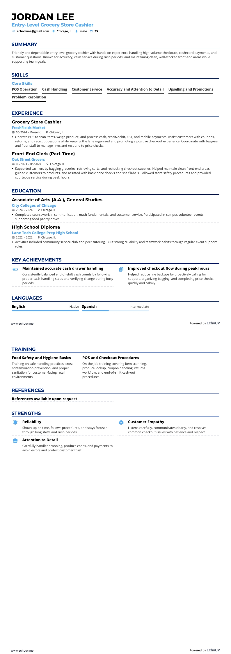 Entry-Level Grocery Store Cashier example resume