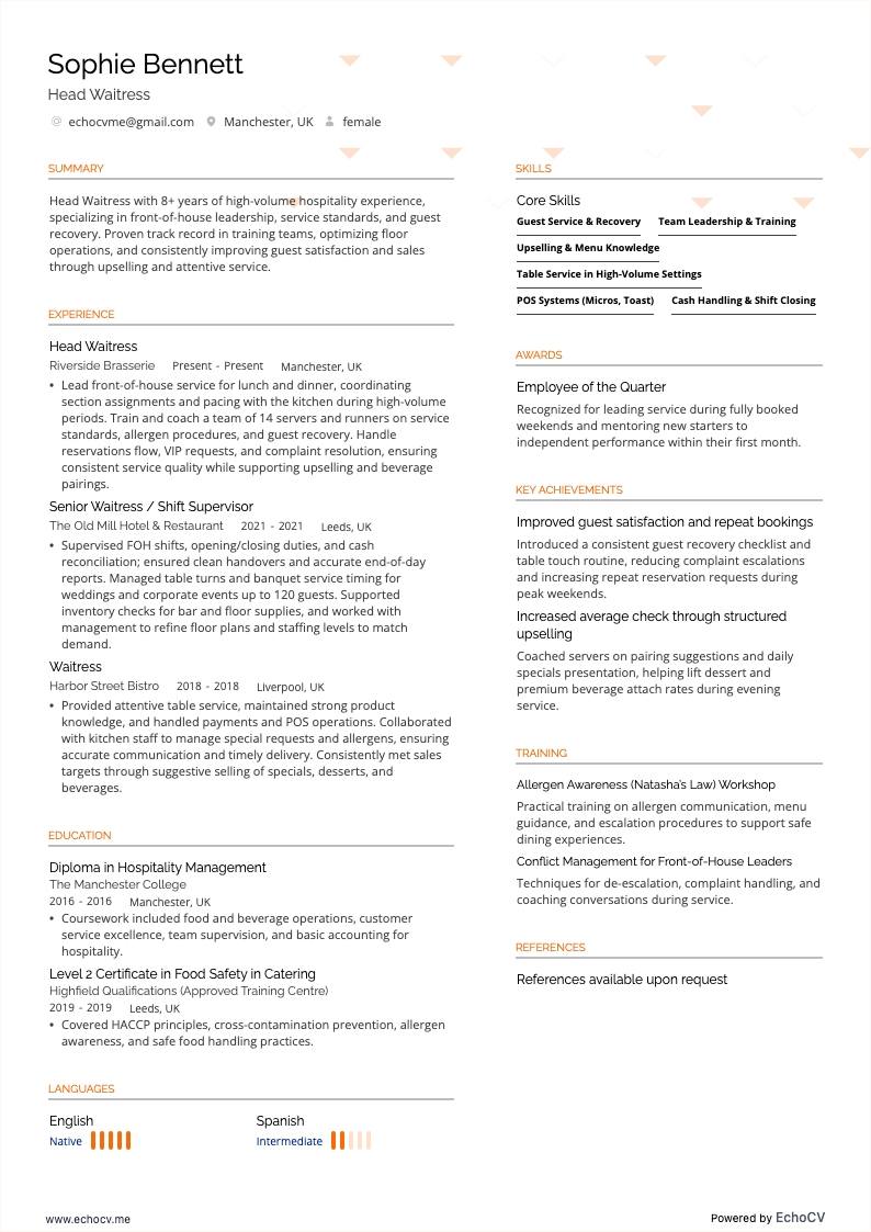 Head Waitress example resume