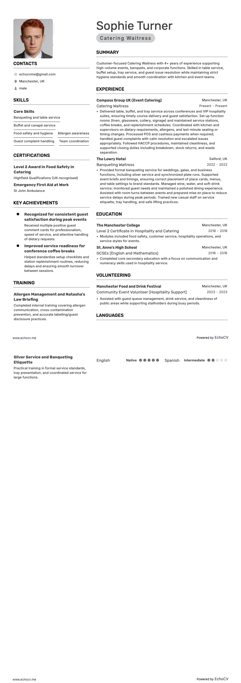 Catering Waitress example resume