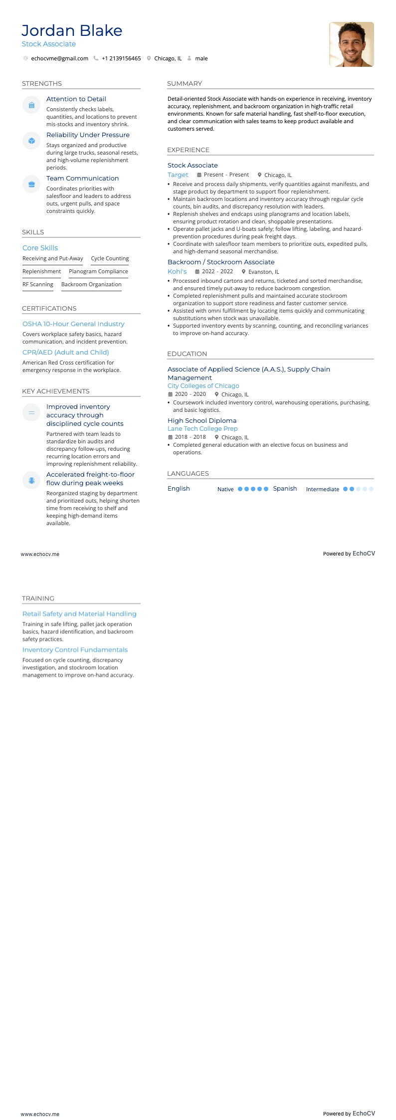 Employé de stock resume example