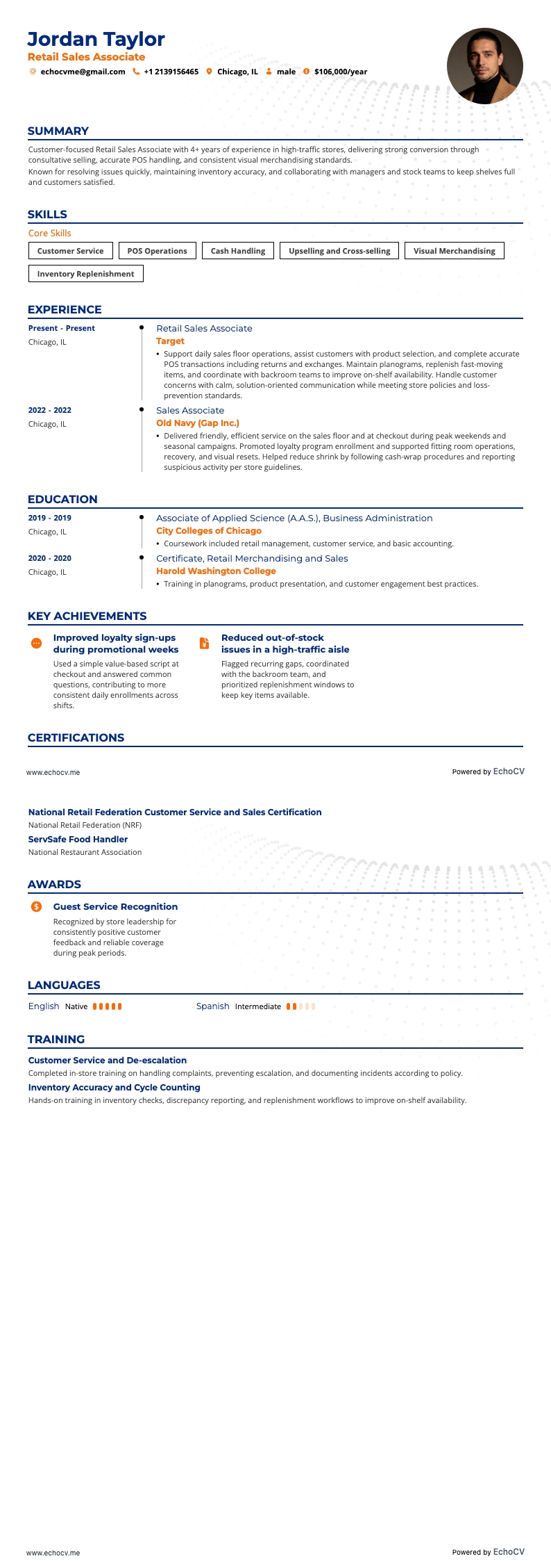 零售店員 resume example