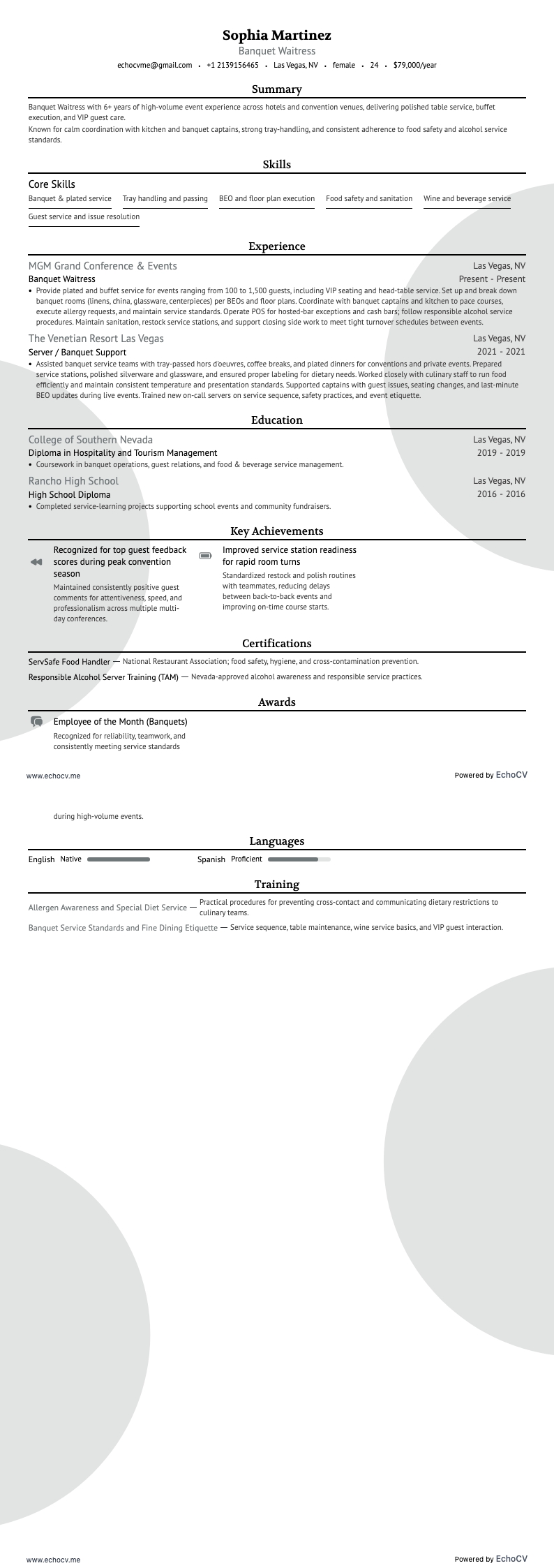 Banquet Waitress example resume