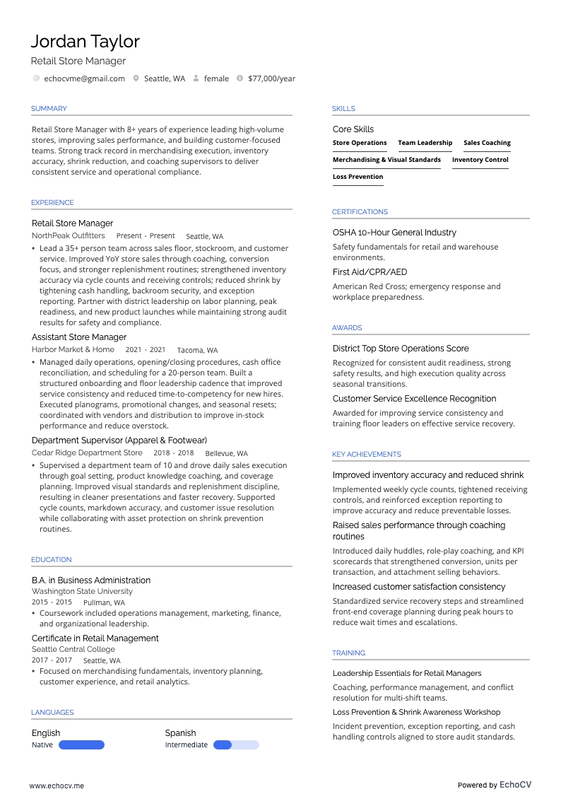 Aperçu complet de Responsable de magasin de détail