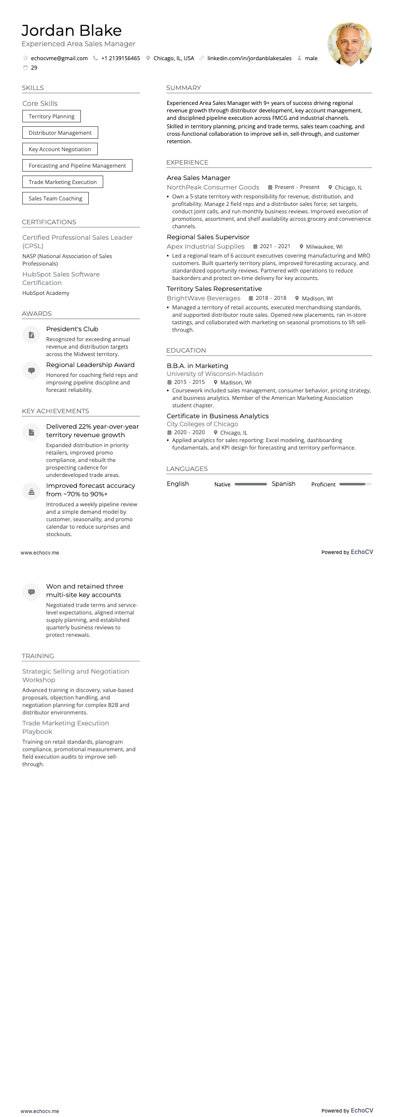 Erfahrener Gebietsverkaufsleiter example resume
