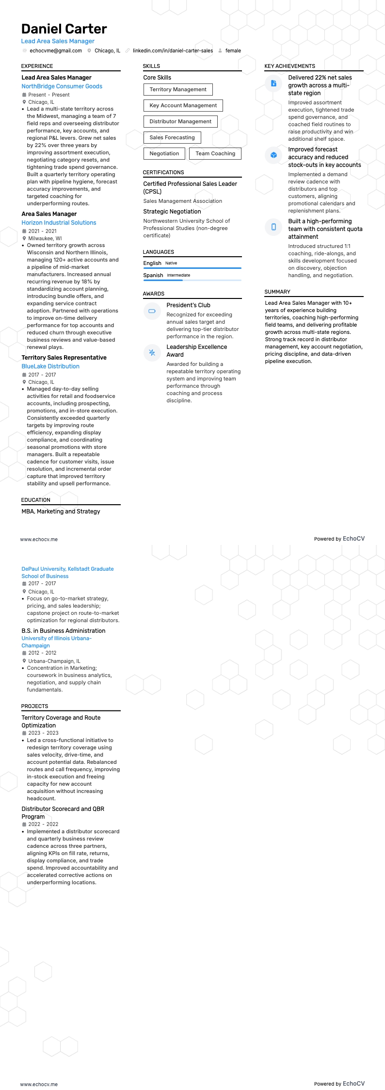 Leitender Gebietsverkaufsleiter resume example