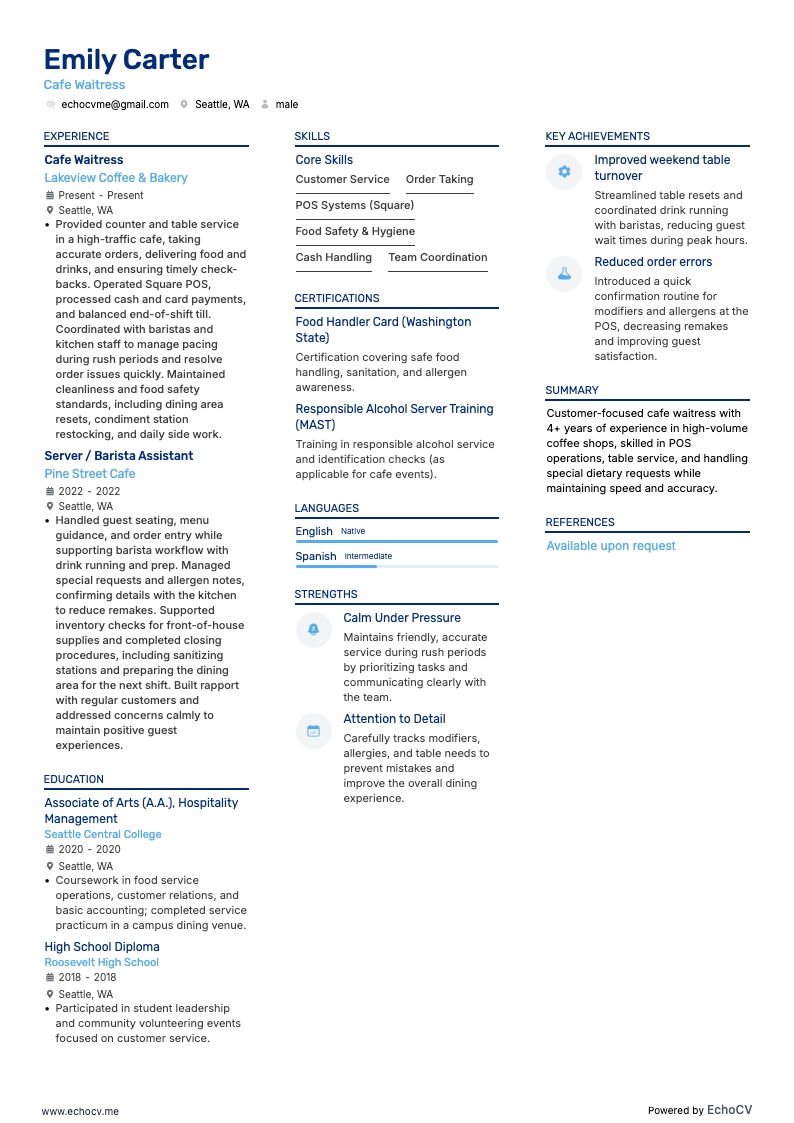 Cafe Waitress example resume