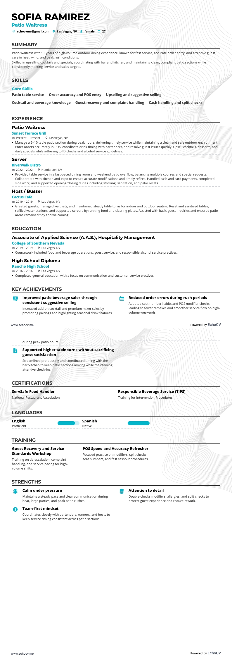 Patio Waitress example resume