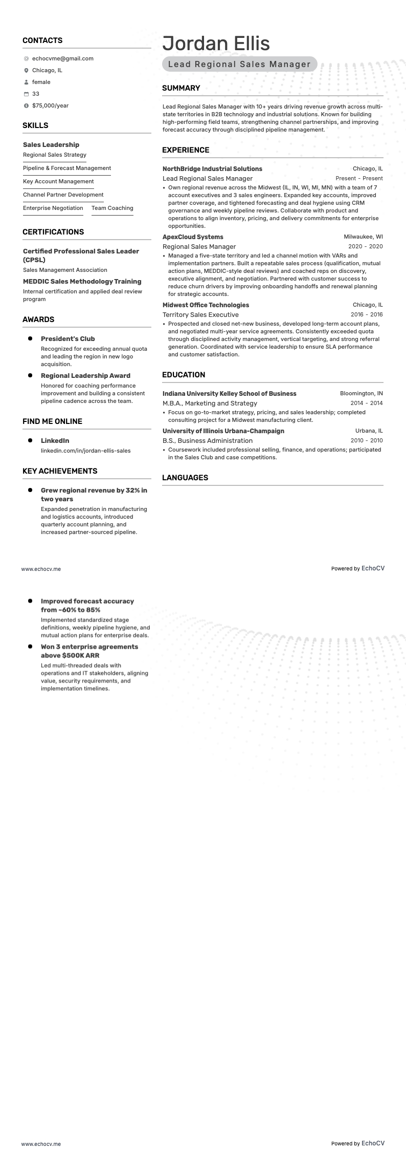 區域銷售經理 resume example