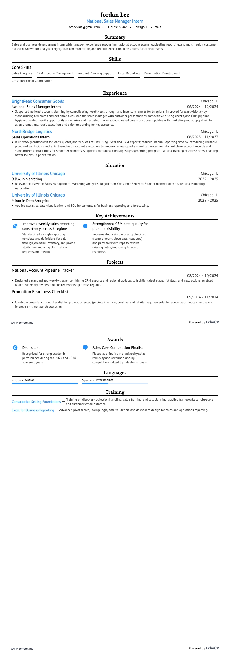National Sales Manager Intern example resume