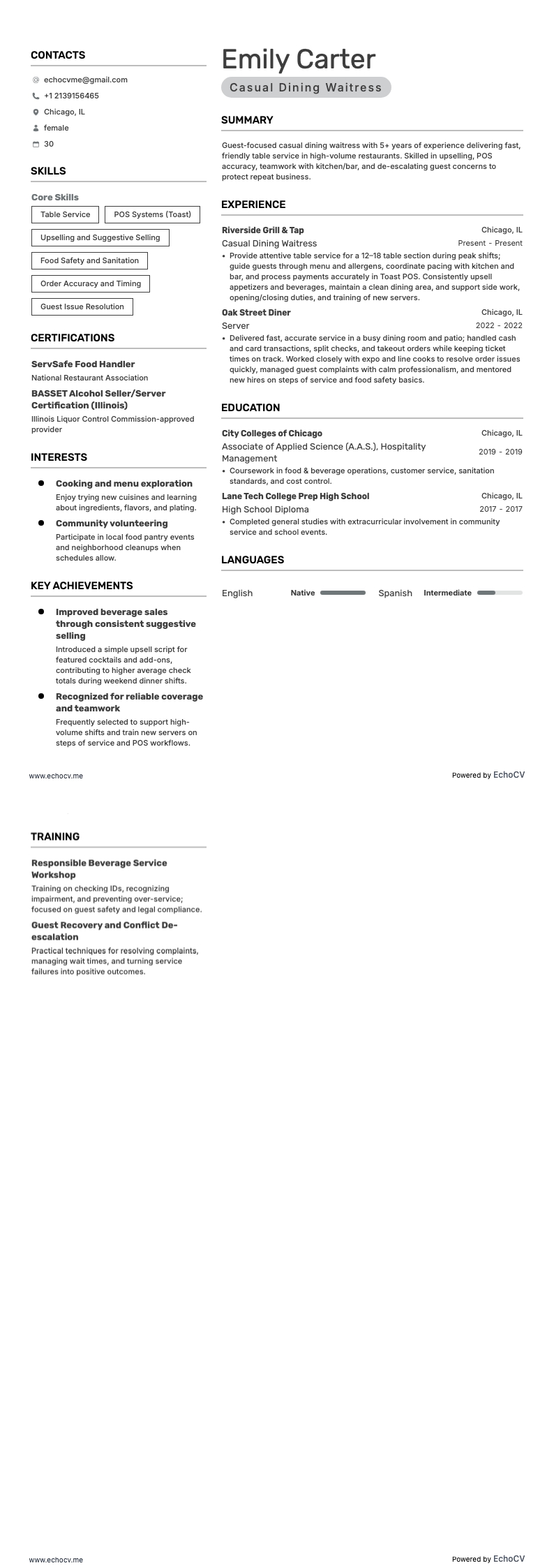 Casual Dining Waitress example resume