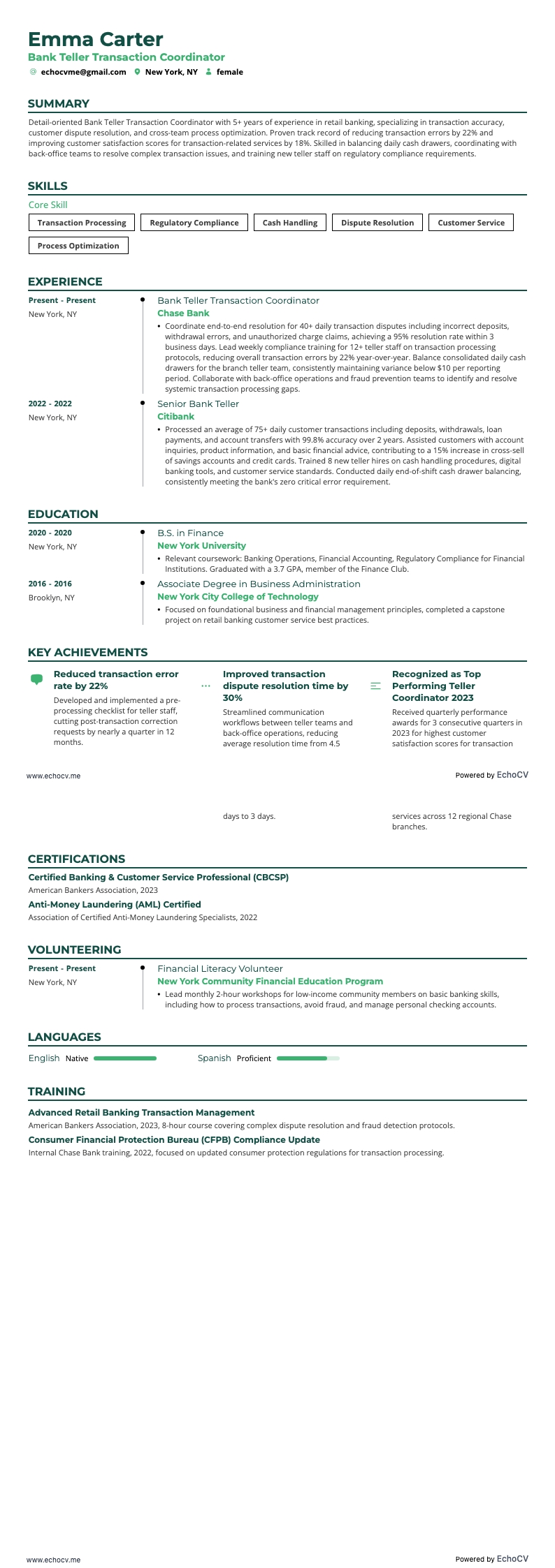 Bank Teller Transaction Coordinator example resume