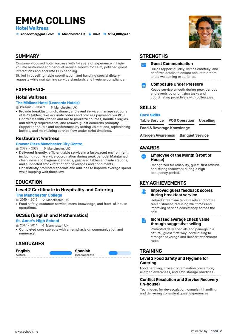 Hotel Waitress example resume