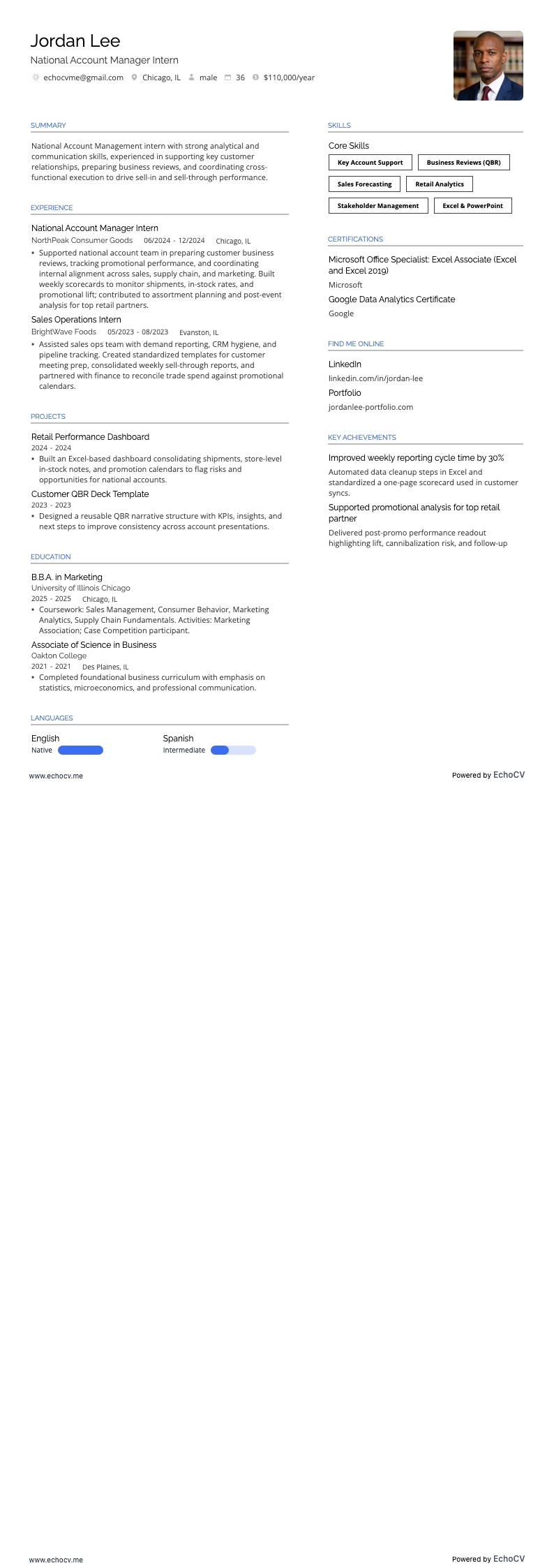 全国客户经理实习生 example resume