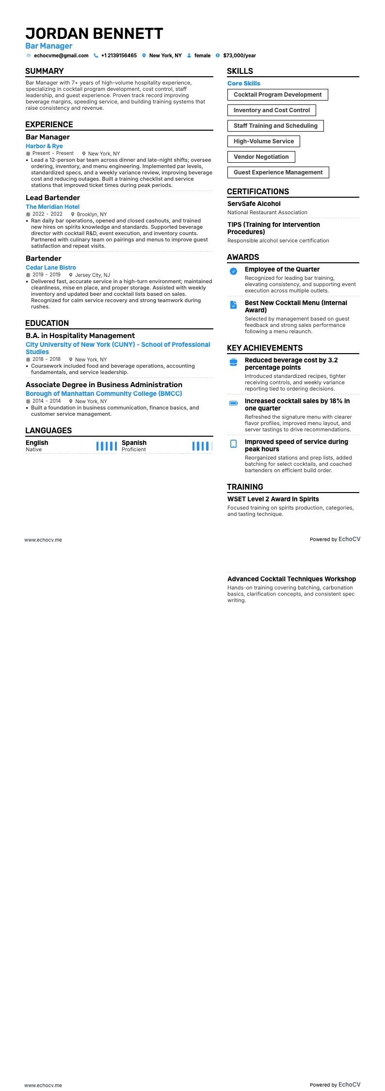 Bar Manager example resume