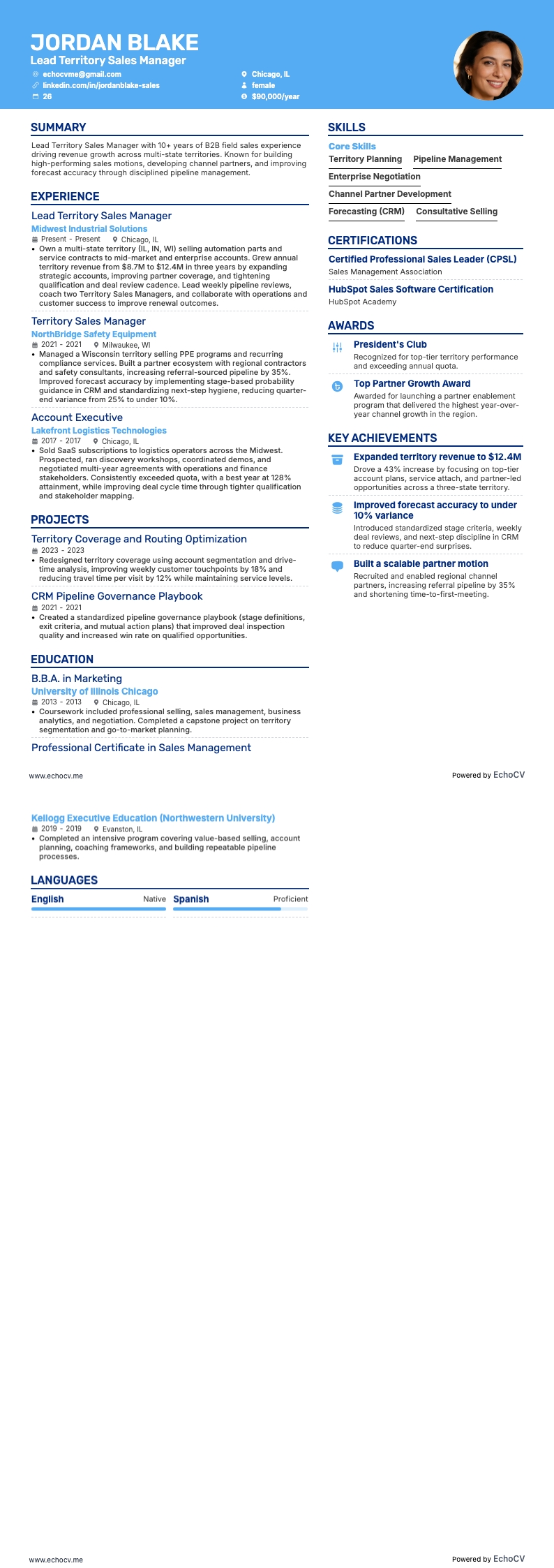 Lead Territory Sales Manager example resume