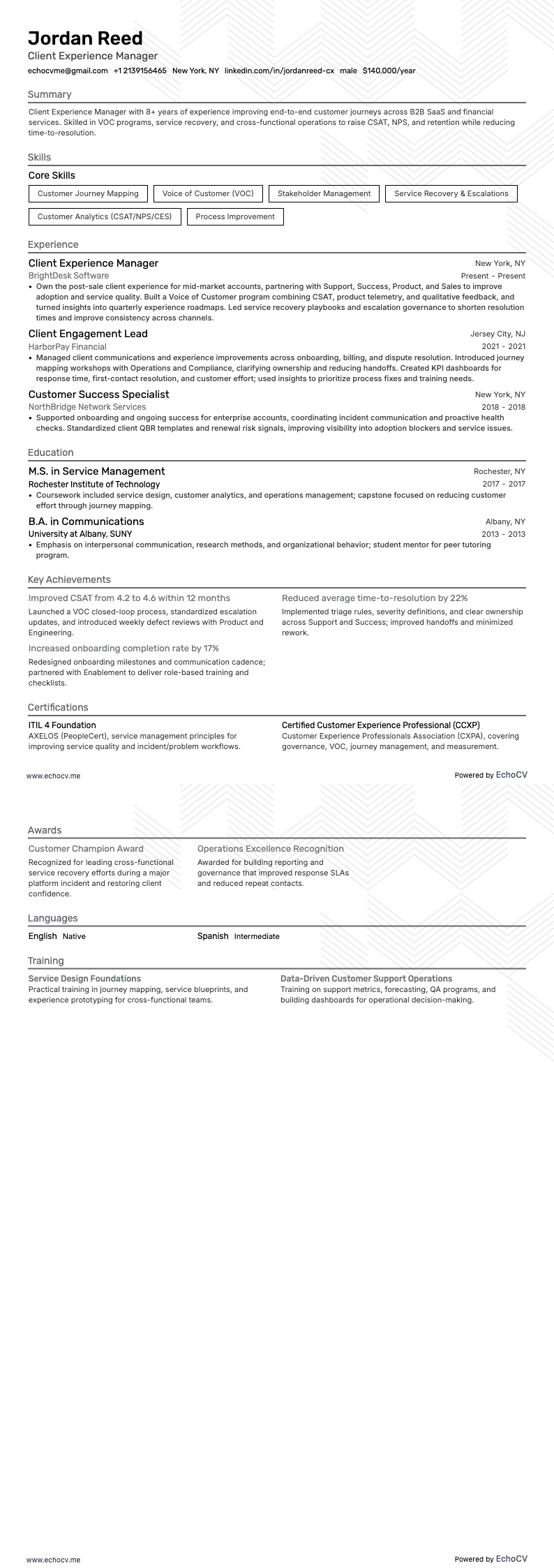 Client Experience Manager example resume