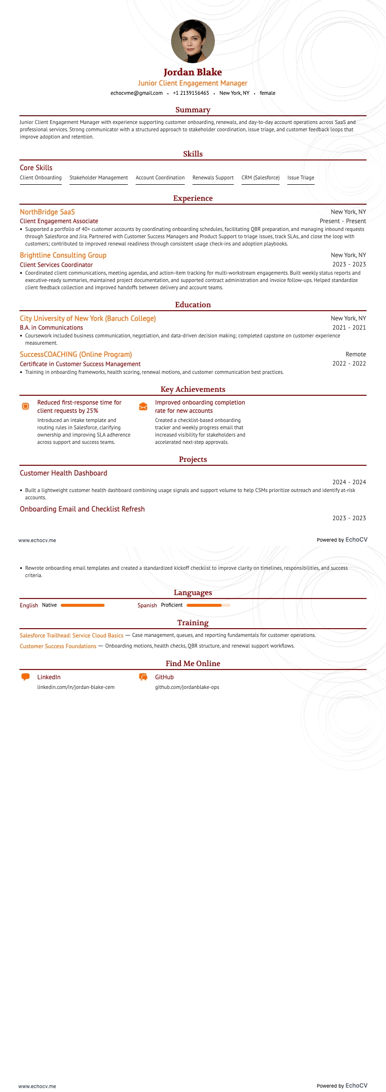Junior Client Engagement Manager example resume