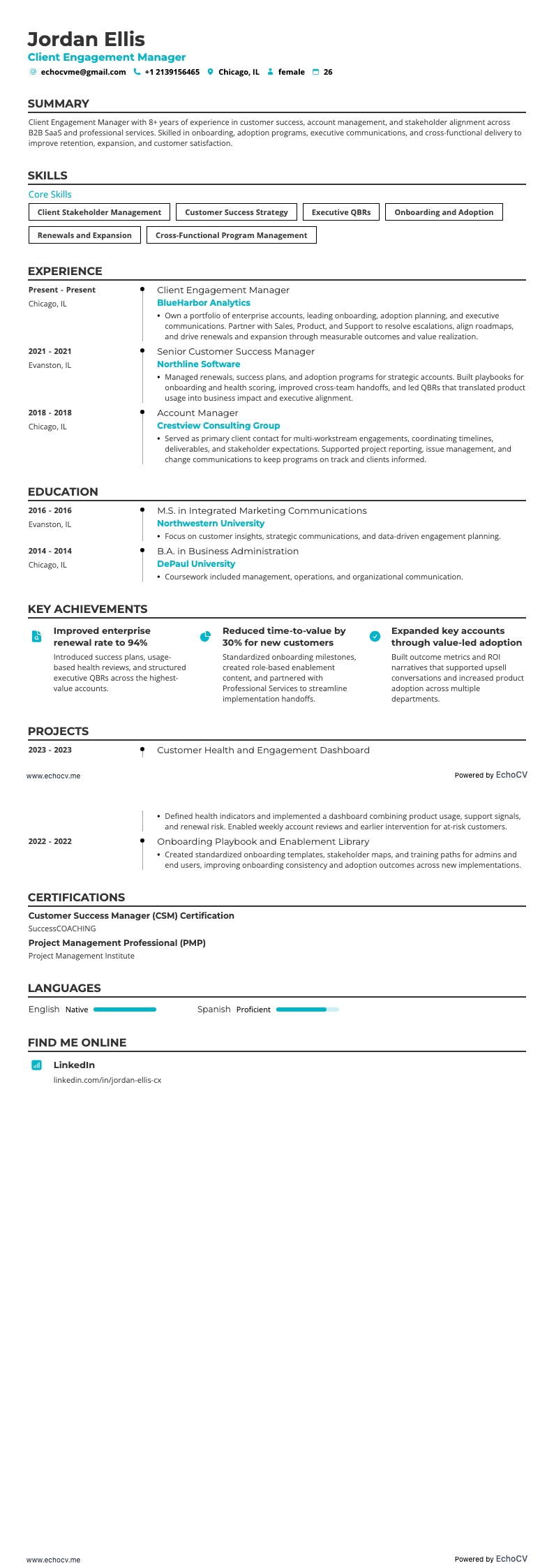 Client Engagement Manager example resume