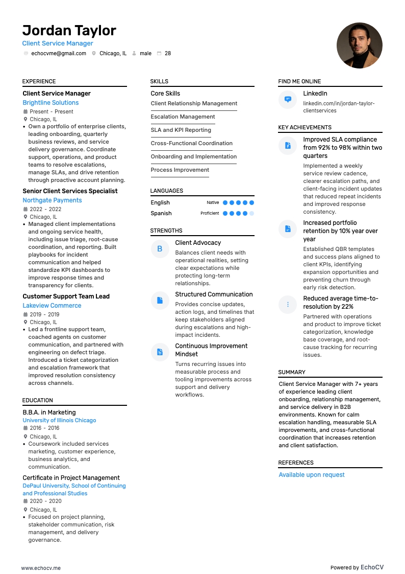 Client Service Manager example resume
