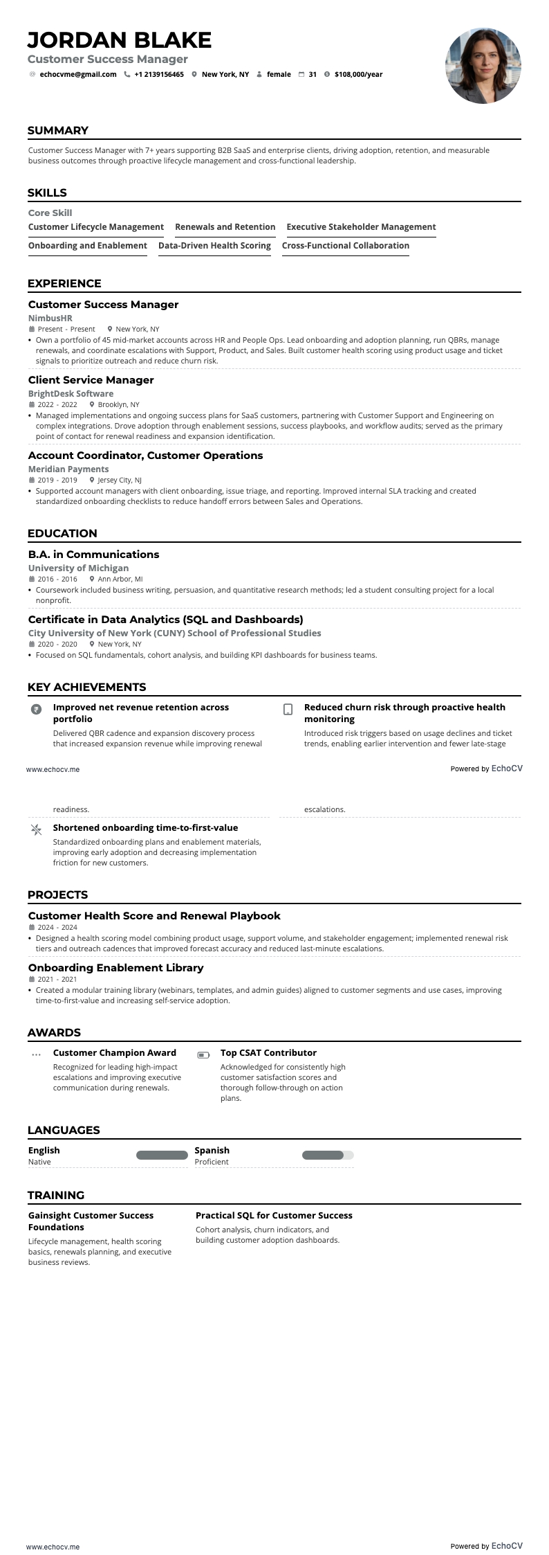 Customer Success Manager example resume