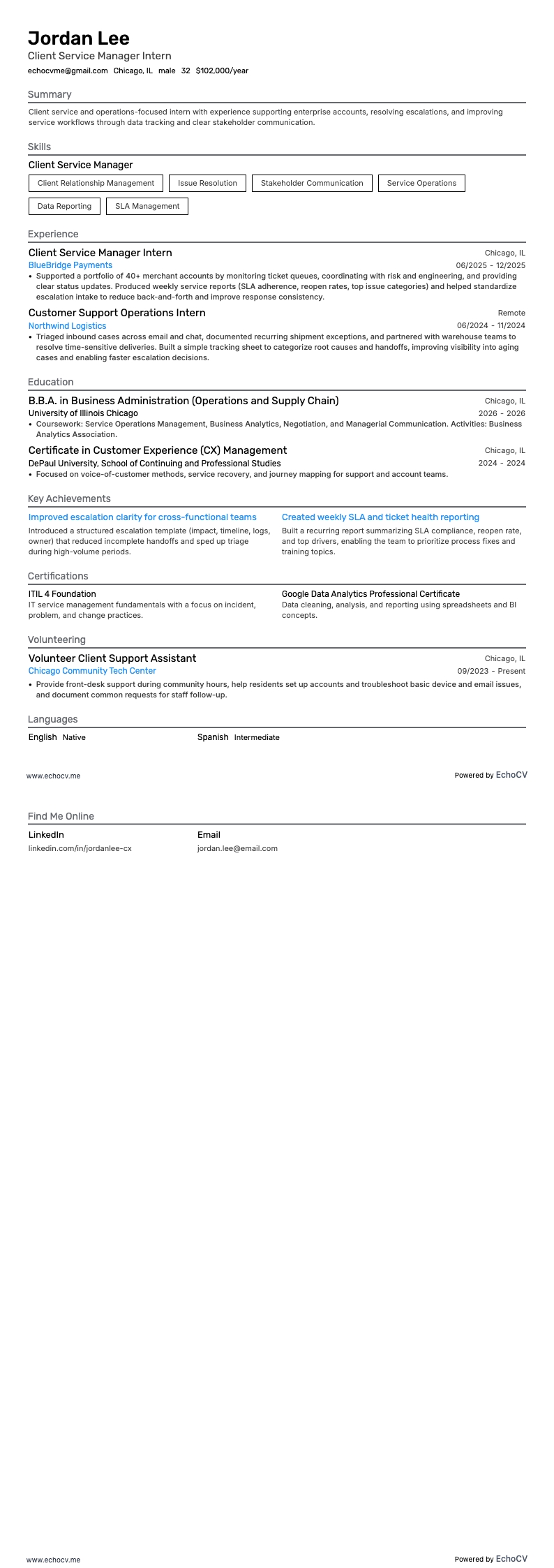 Client Service Manager Intern example resume
