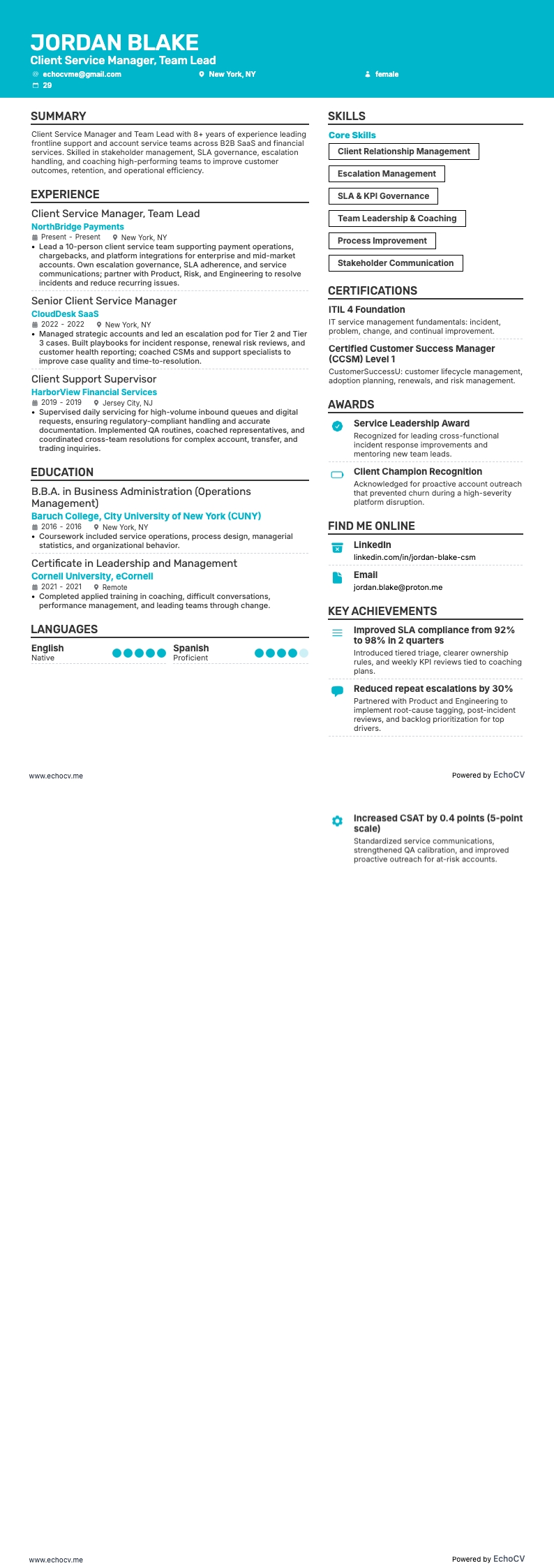 Client Service Manager, Team Lead example resume