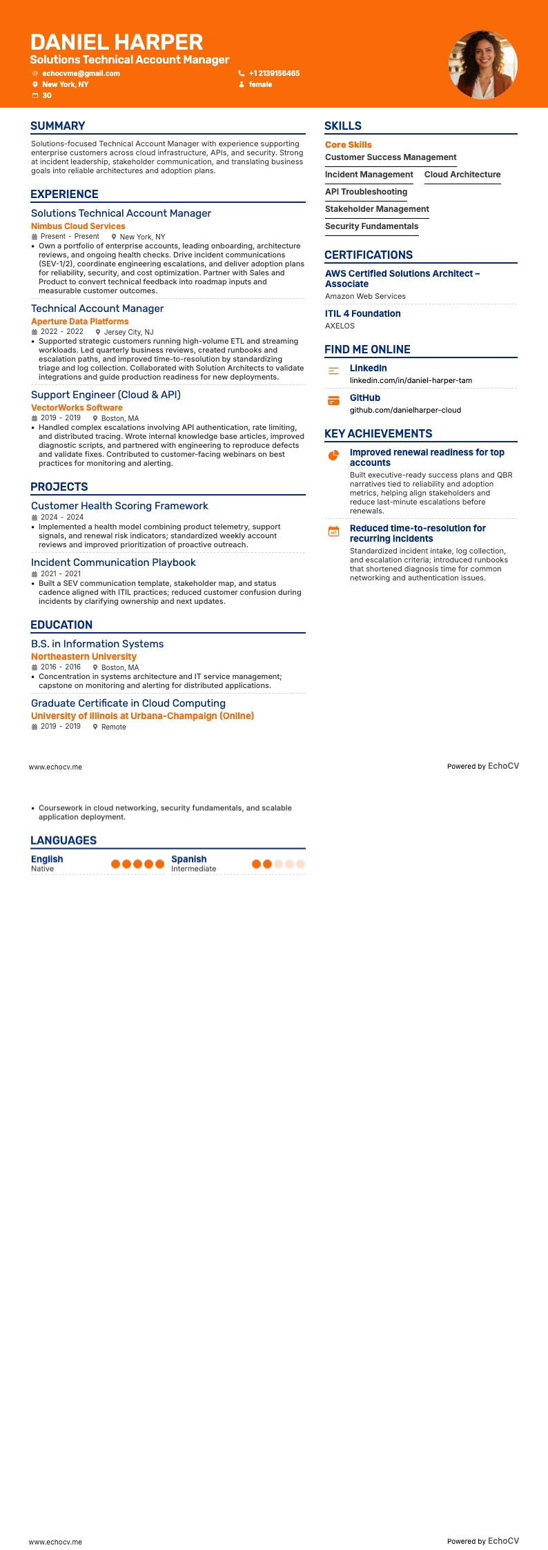 Solutions Technical Account Manager example resume
