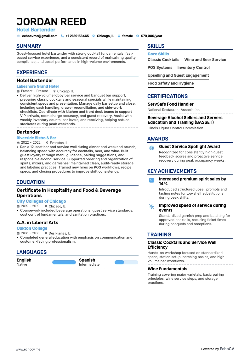 Hotel Bartender example resume