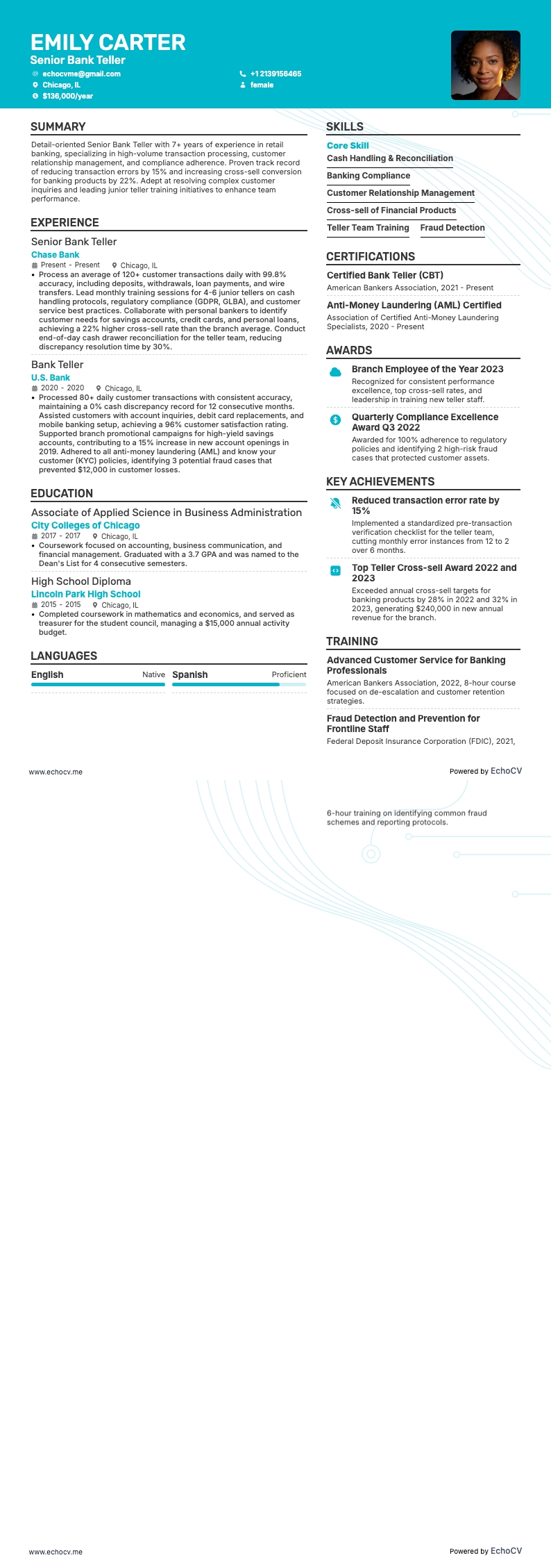 Senior Bank Teller example resume