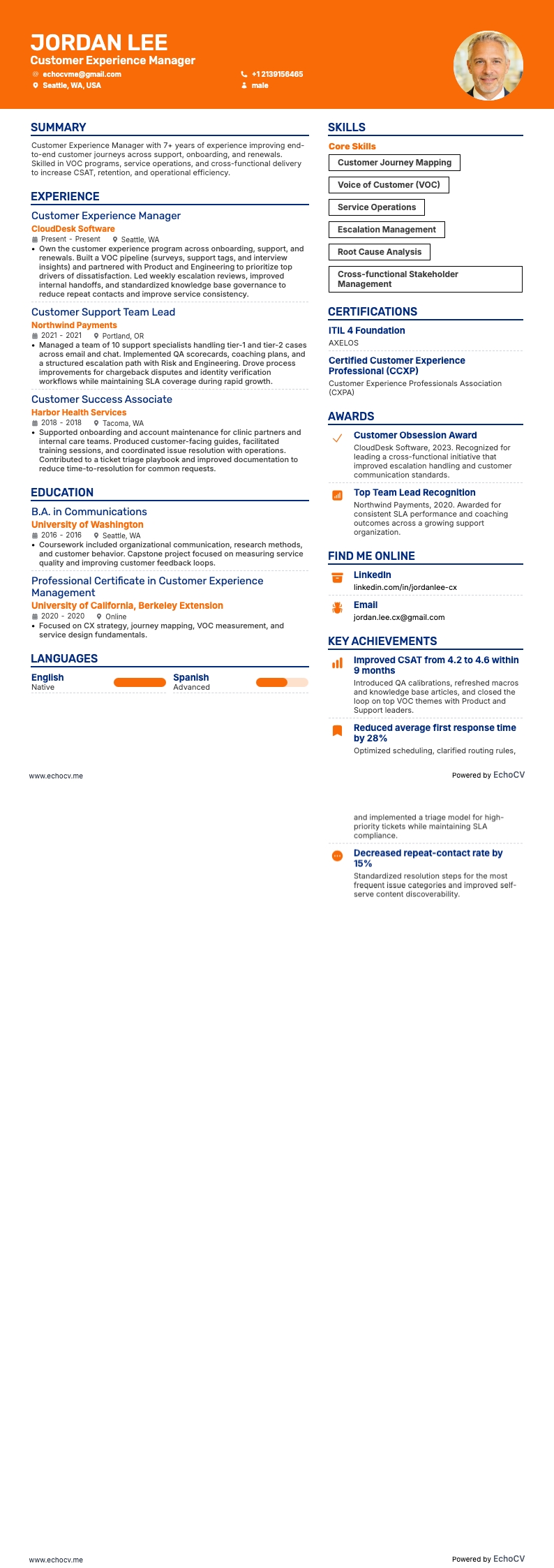 客戶體驗經理 example resume